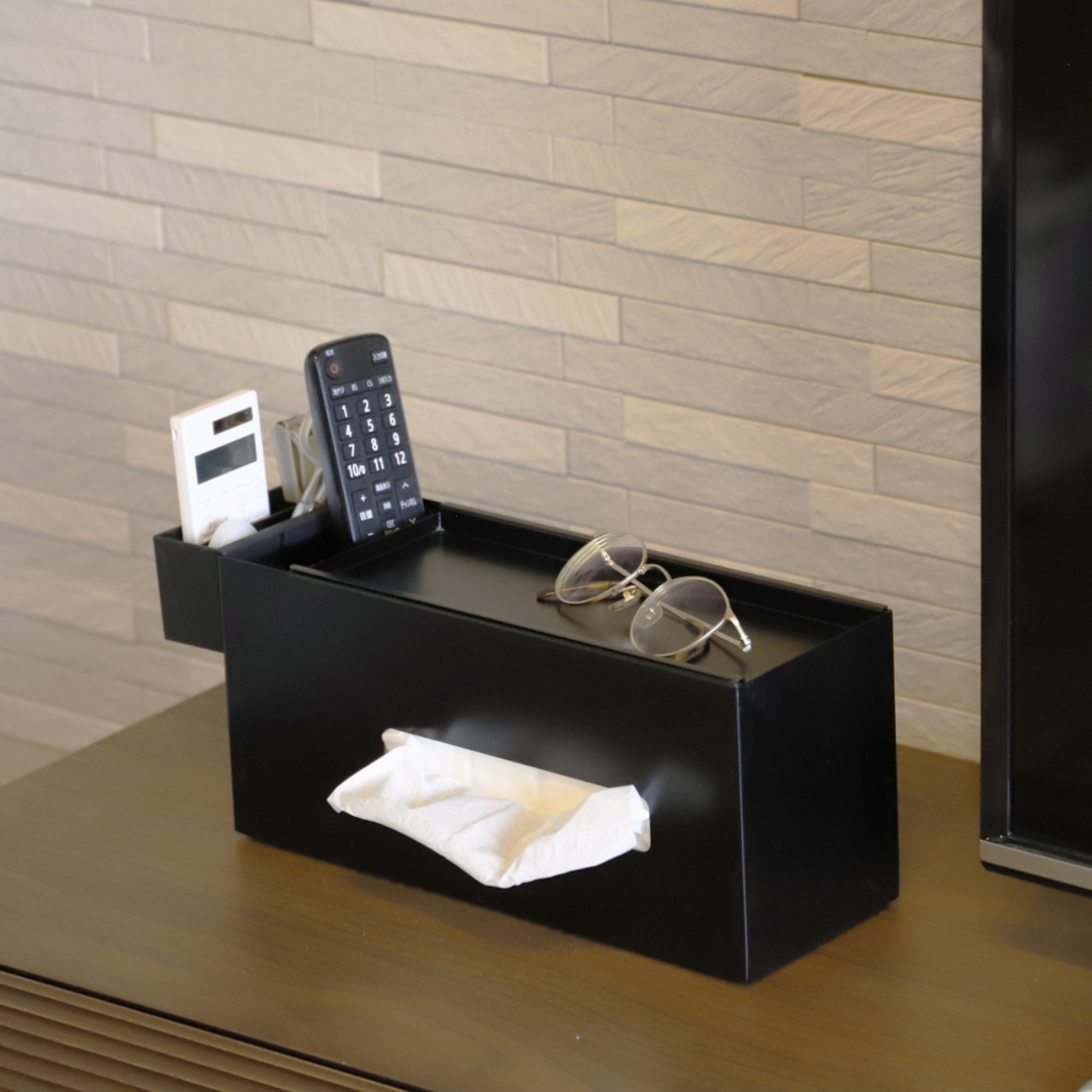 ティッシュケース ポケット＆トレイ付｜スチール製 小物収納 横引き対応
